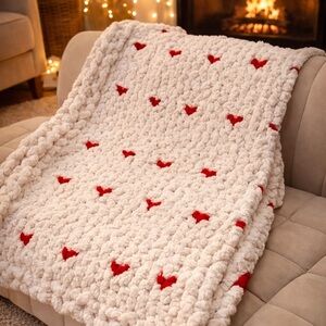Cozy Cream and Red Heart Throw Blanket 48”x54”